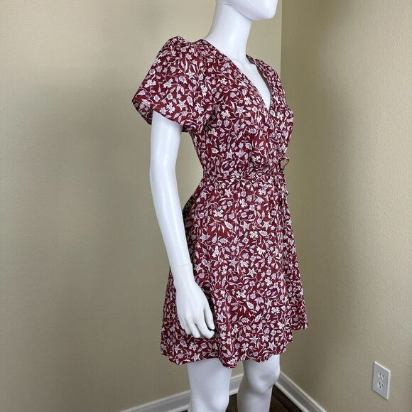 Madewell Women's Size XS Red Foral Wrap Mini Dress Cotton Cottagecore Fall Y2K - Picture 8 of 14